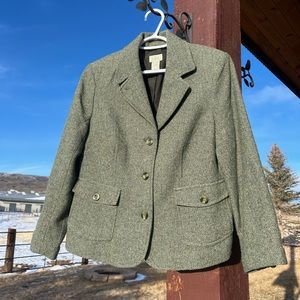 LL Bean Herringbone Blazer Wool Blend 3 Button Green Jacket Womens Size Medium